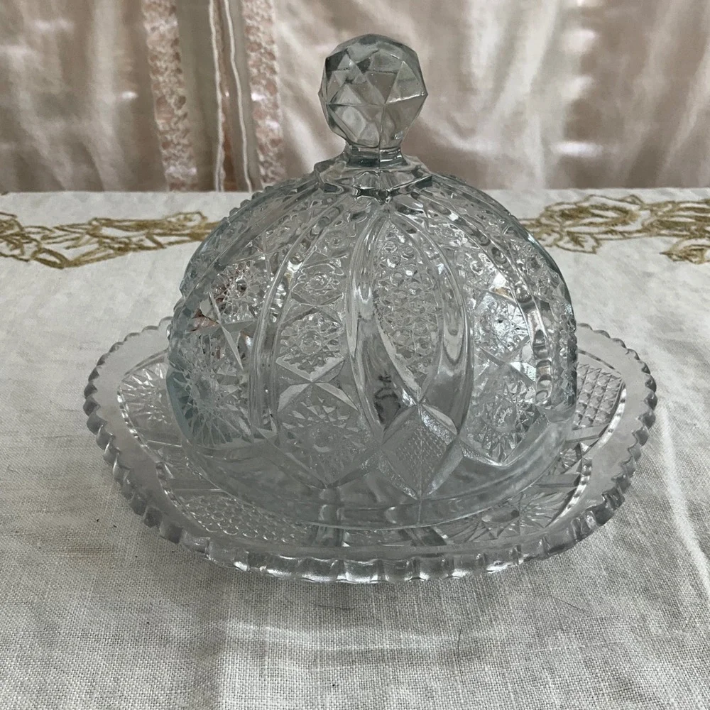 Vintage EAPG‎ Pressed Imperial Glass Butter Dish Scalloped Cosmos  Maganese